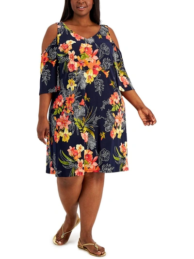 Connected Apparel Plus Womens Printed Midi Fit & Flare Dress In Blue