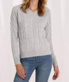 MINNIE ROSE COTTON CABLE LONG SLEEVE SWEATER IN LIGHT HEATHER GREY