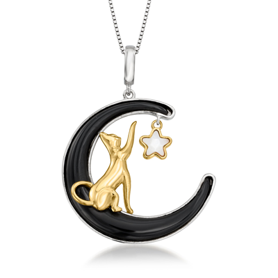 Ross-simons Onyx And Mother-of-pearl Celestial Cat Pendant Necklace In 2-tone Sterling Silver In Black