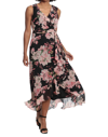 LONDON TIMES FLORAL RUFFLED CHIFFON MAXI DRESS IN BLACK/BLUSH