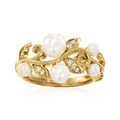 Ross-simons 3-5.5mm Cultured Pearl Leaf Ring With Diamond Accents In 18kt Gold Over Sterling In White