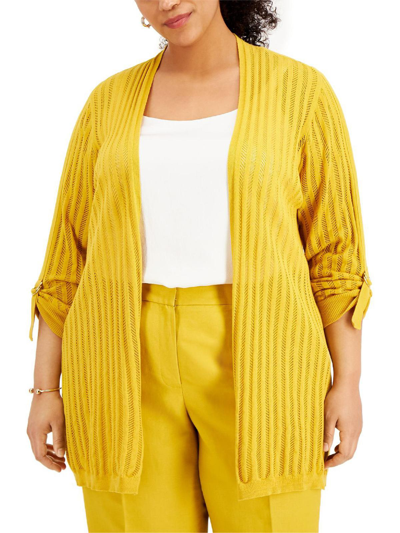 Kasper Plus Size Roll-tab Open-front Cardigan In Butterscotch Yellow