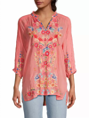 JOHNNY WAS LEONA FLORAL EMBROIDERED TUNIC IN SHELL PINK