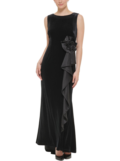 Jessica Howard Petite Ruffle-trim Velvet Sleeveless Dress In Black