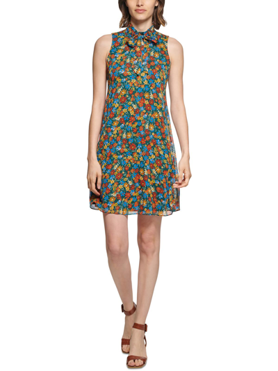 Calvin Klein Floral-print Tie-neck Shift Dress In Multi