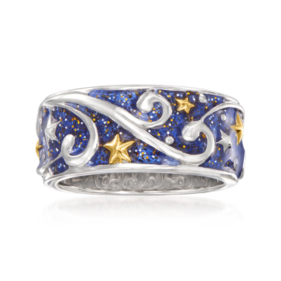 Ross-simons Glittery Blue Enamel Celestial Ring In 2-tone Sterling Silver