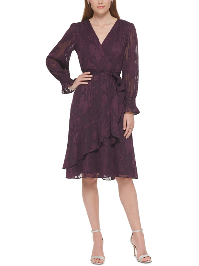 Jessica Howard Petites Womens Ruffled Calf Midi Dress In Purple