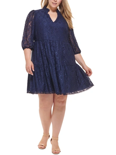 Vince Camuto Plus Womens Lace Puff Sleeve Fit & Flare Dress In Blue