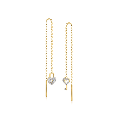 Rs Pure By Ross-simons Diamond Lock And Key Mismatched Threader Earrings In 14kt Yellow Gold In Silver