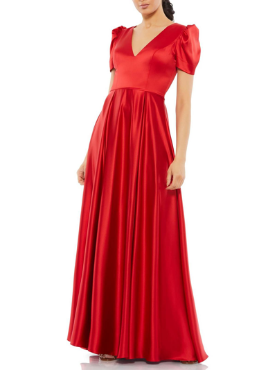 Mac Duggal Womens Satin Puff Sleeve Evening Dress In Red