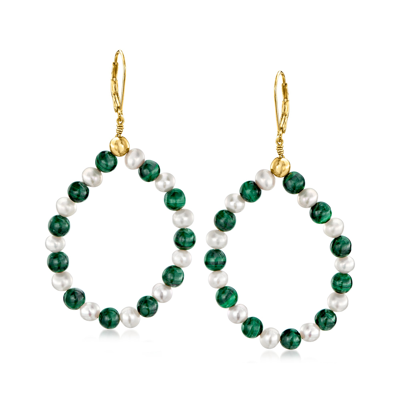 Ross-simons 5mm Cultured Pearl And Malachite Bead Teardrop Earrings In 18kt Gold Over Sterling In Green