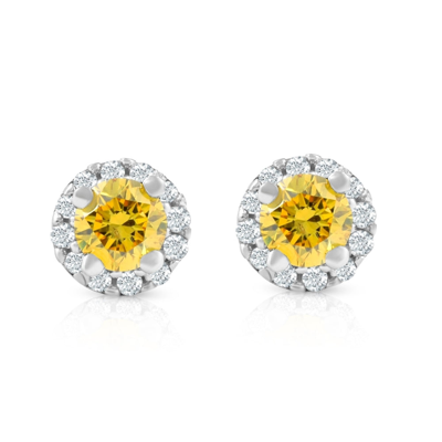 Pompeii3 1/4 Ct Halo Fancy Yellow Lab Grown Diamond Studs 10k White Gold