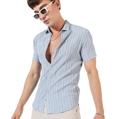 Campus Sutra Men's Light Blue Textured Regular Fit Casual Shirt