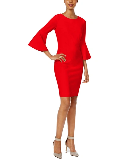 Calvin Klein Petites Womens Crepe Bell Sleeves Shift Dress In Red