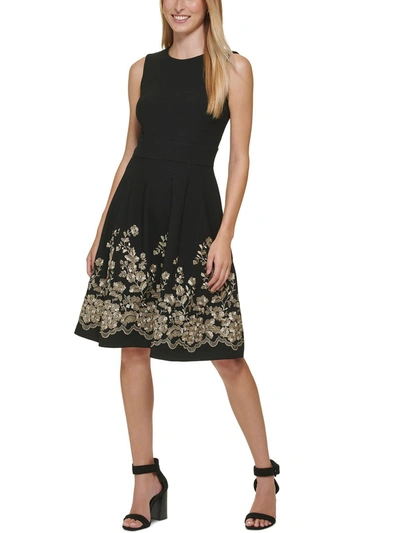 Calvin Klein Petites Womens Embroidered Mini Fit & Flare Dress In Black