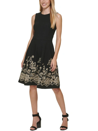 Calvin Klein Petites Womens Embroidered Mini Fit & Flare Dress In Black Gold