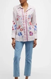 Johnny Was Plus Size Piper Floral Embroidered Striped Oversized Shirt In White