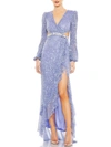 Mac Duggal Sequined Faux Wrap Cut Out Puff Sleeve Gown In Blue