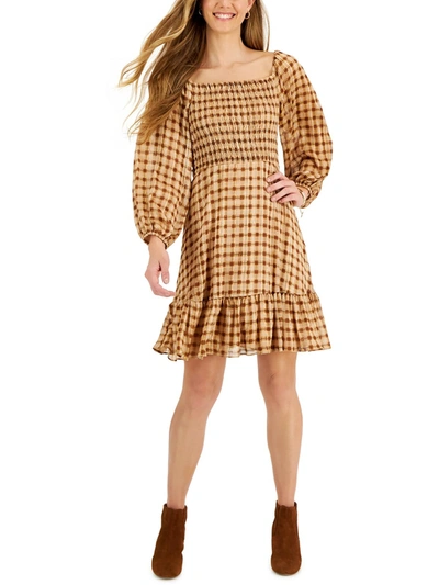 Taylor Petites Womens Plaid Smocked Fit & Flare Dress In Yellow