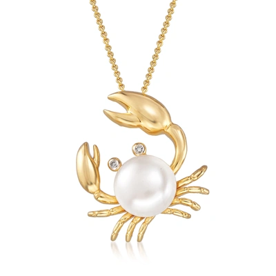 Ross-simons 9mm Cultured Pearl Crab Pendant Necklace With Diamond Accents In 18kt Gold Over Sterling In White