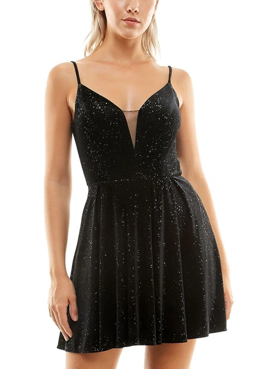 B Darlin Juniors Womens Illusion Neck Mini Cocktail And Party Dress In Black