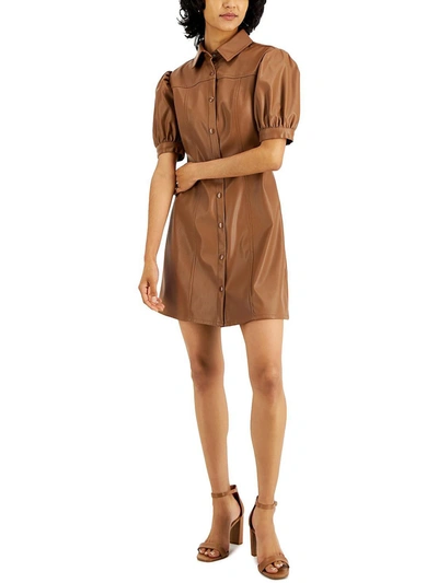 Kit & Sky Juniors' Faux-leather Puff-sleeve Button-down Pleated Dress In Brown