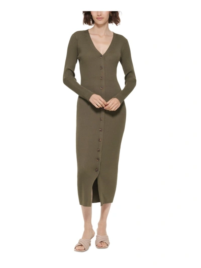 Calvin Klein Womens V-neck Maxi Sweaterdress In Brown