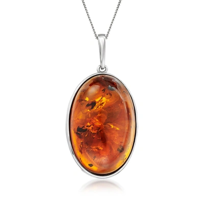 Ross-simons Oval Cognac Amber Pendant Necklace In Sterling Silver In Orange