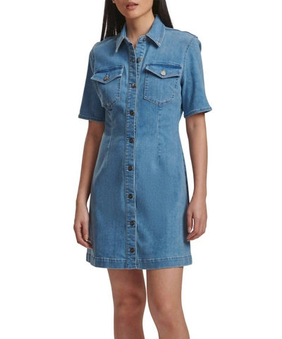 Jen7 S/s Denim Dress With Pockets In Light Wash In Blue