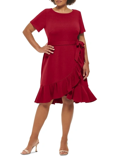 Calvin Klein Plus Womens Ruffled Knee Fit & Flare Dress In Red