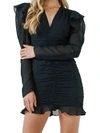 ENDLESS ROSE LONG SLEEVE EMERALD RUCHED DRESS IN BLACK