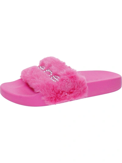 Bebe Furiosa Womens Faux Fur Rhinestone Slide Slippers In Pink