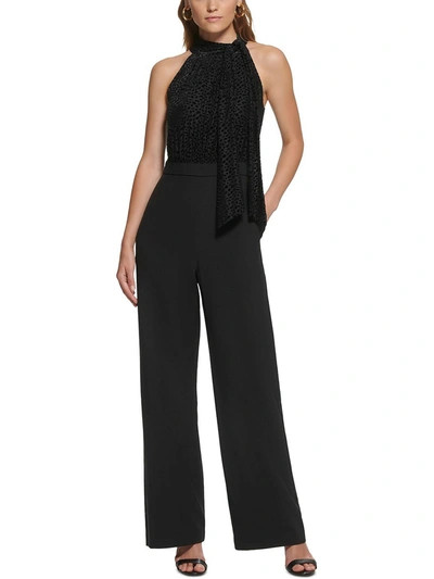 Vince Camuto Petites Womens Mixed Media Tie-neck Jumpsuit