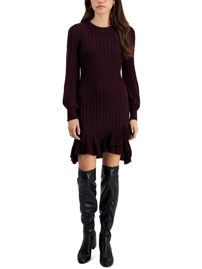 Taylor Petites Womens Cable Knit Ruffled Sweaterdress In Red