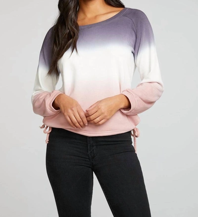 Chaser Slub French Terry Blouson Sleeve Side Tie Raglan Pullover In Sunset Ombre In White