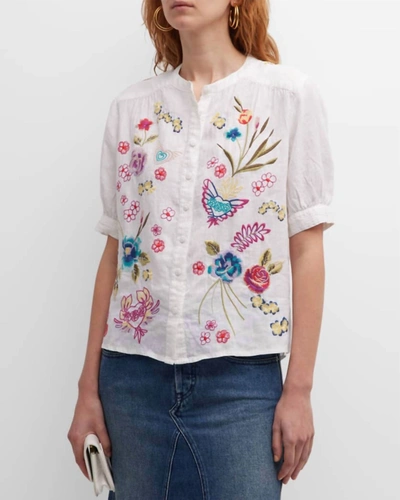 Johnny Was Jessi Embroidered Puff-sleeve Linen Blouse In White