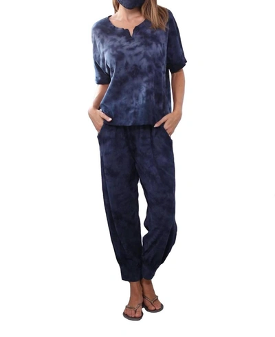 Pj Harlow Jojo Cherry Cotton Jogger Paired With Short Sleeve T Shirt Set In Tie Dye Navy In Blue