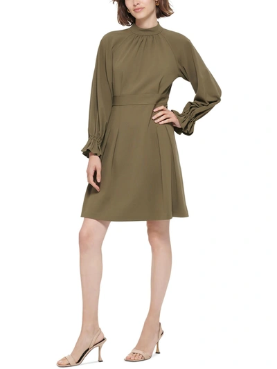 Calvin Klein Womens Mock Neck Mini Wear To Work Dress In Brown