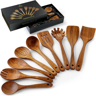 Zulay Kitchen 9-piece Natural Teak Wooden Utensils For Cooking In Brown