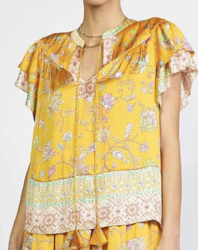 Current Air Border Printed Flutter Sleeve Split Neck Blouse W/ Self Tie In Yellow Multi