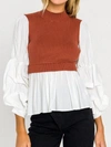 2.7 AUGUST APPAREL KNIT WOVEN COMBO TOP IN WHITE/BROWN