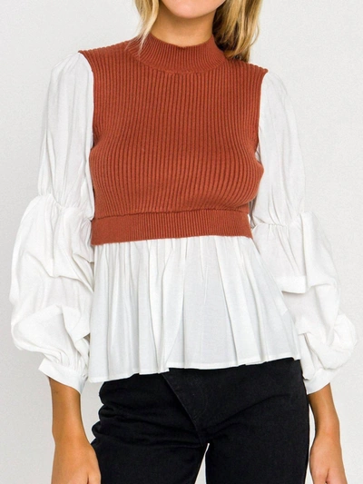2.7 August Apparel Knit Woven Combo Top In White/brown