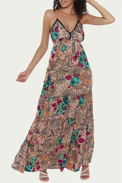 Raga Sapana Tiered Floral-print Maxi Dress In Beige In Multi