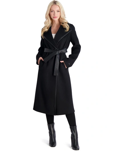 Tahari Juliette Womens Wool Blend Faux Leather Trim Wool Coat In Black
