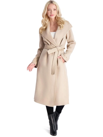 Tahari Juliette Womens Wool Blend Faux Leather Trim Wool Coat In Beige