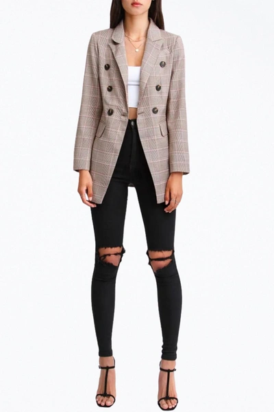 Belle & Bloom Double-breasted Prince Of Wales Checked Woven Blazer In Brown/pink In Beige