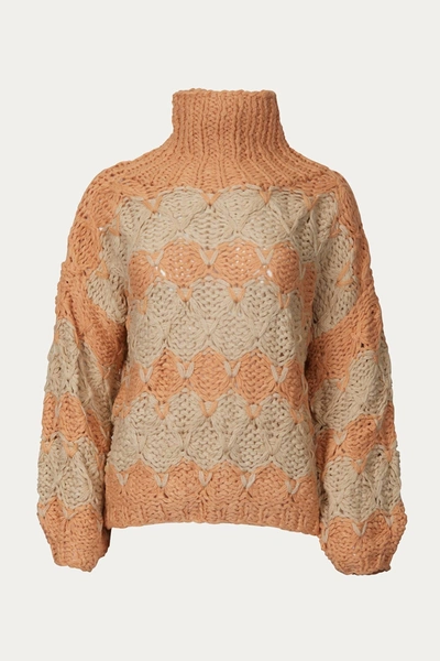 Pol Open-knit Chunky Turtleneck Sweater In Beige Papaya Stripe In Brown