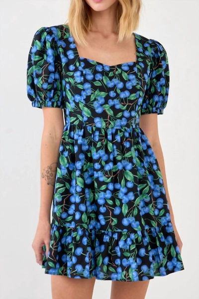 English Factory Blueberry Print Mini Dress With Puff Sleeves In Black