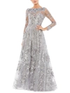 Mac Duggal Floral Rhinestone Embroidered Sweetheart Illusion Long Sleeve Gown In Grey