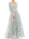 Mac Duggal Embellished V Neck Illusion Long Sleeve A Line Gown In Grey
